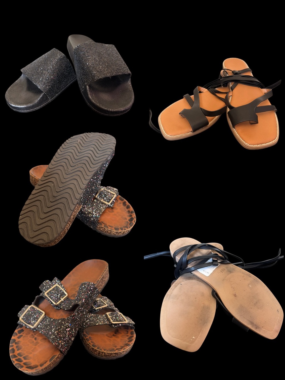 Mixed Women’s Sandal Lot - Black Glitter & Tan Strappy Sandals
